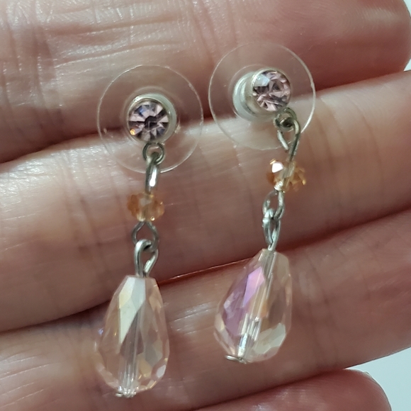 Vintage glass crystal pink drop earrings CZ stones silver elegant - Picture 2 of 8